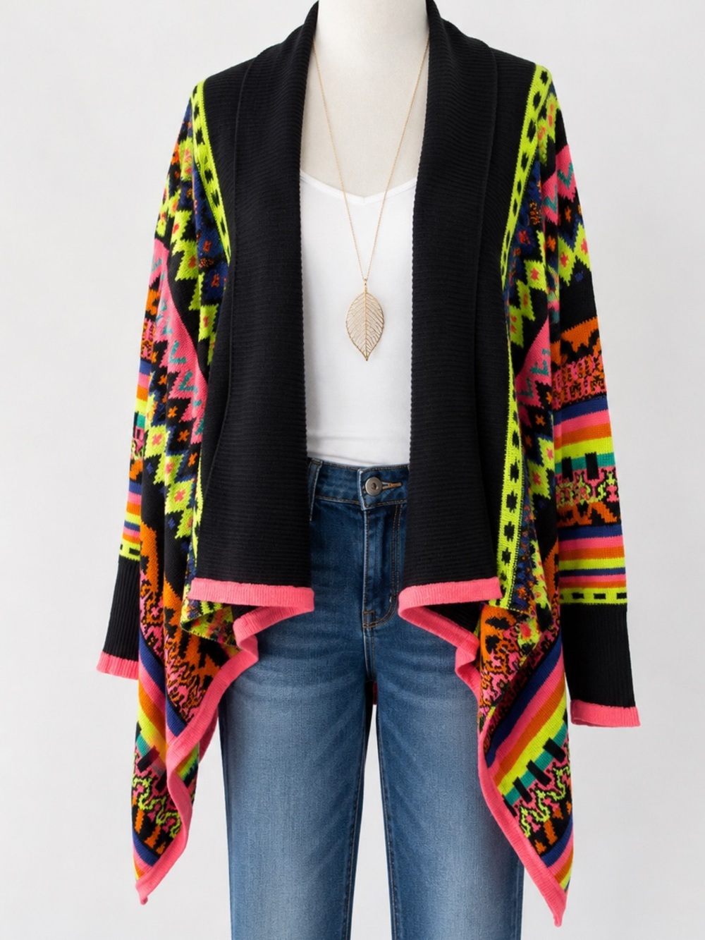 Lulumari Colorful Boho Open Front Waterfall Cardigan Sweater Size Sm Neon Aztec